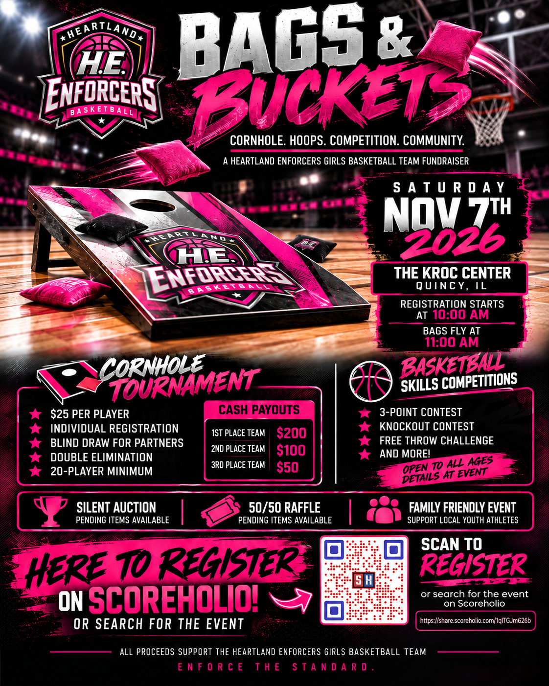 Bags and Buckets Heartland Enforcers fundraiser flyer for November 7, 2026 at The Kroc Center in Quincy, Illinois